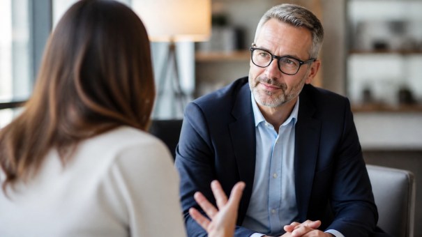 Insurance advisor listening attentively during a natural client conversation