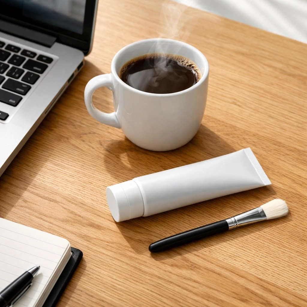 Time-saving healing clay tube and applicator on a professional's desk next to a laptop and coffee.