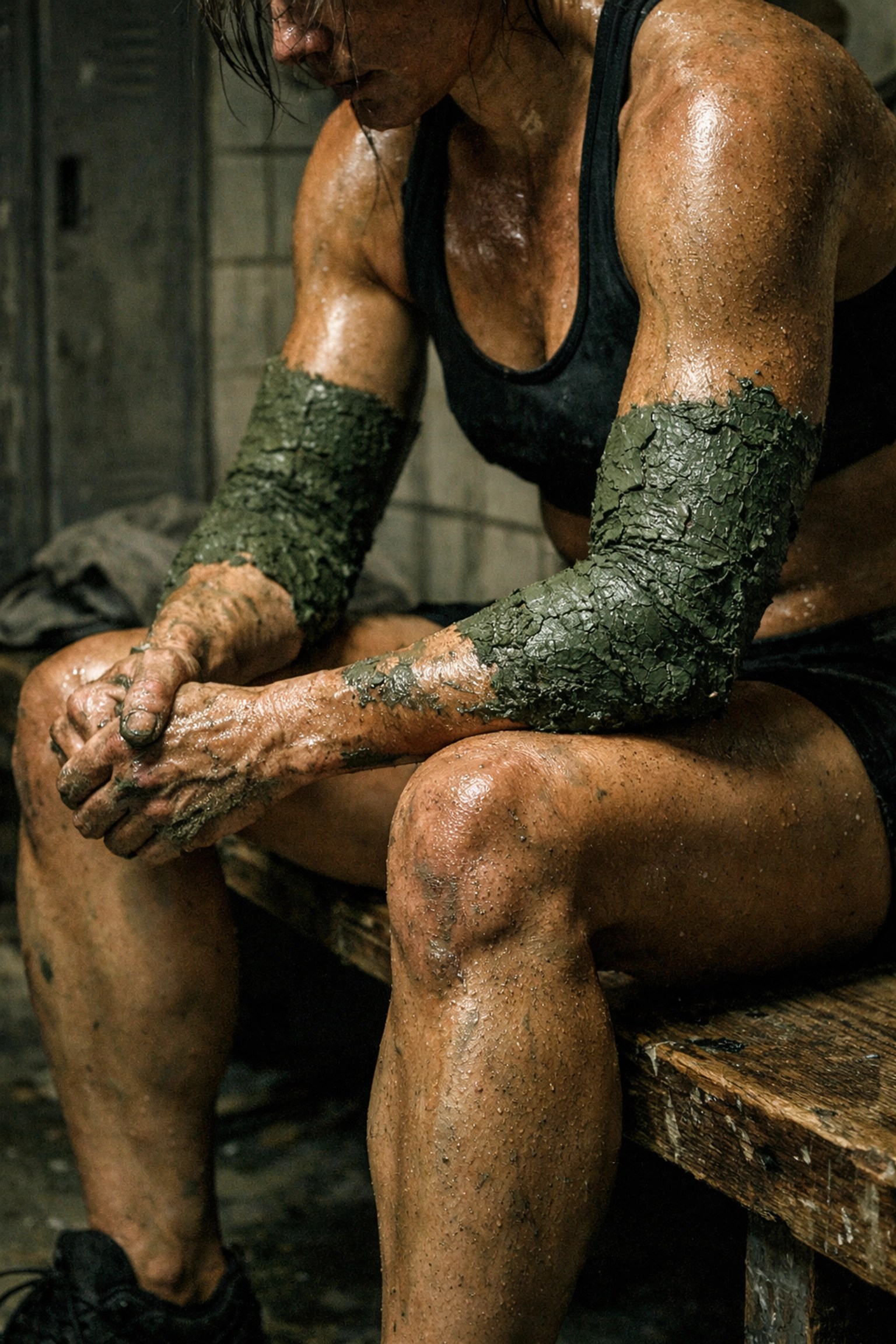 Athlete using French green clay for muscle recovery and natural inflammation relief in a gritty locker room.