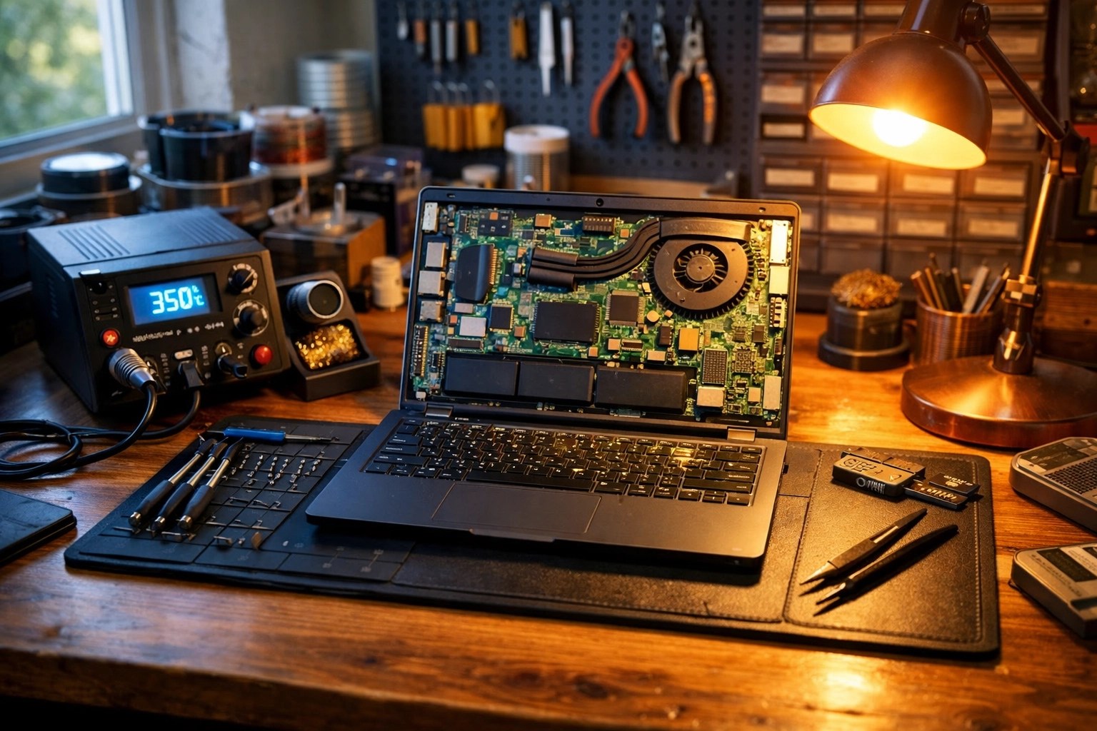 A professional computer repair station with tools and an open laptop for a high-quality battery repair.