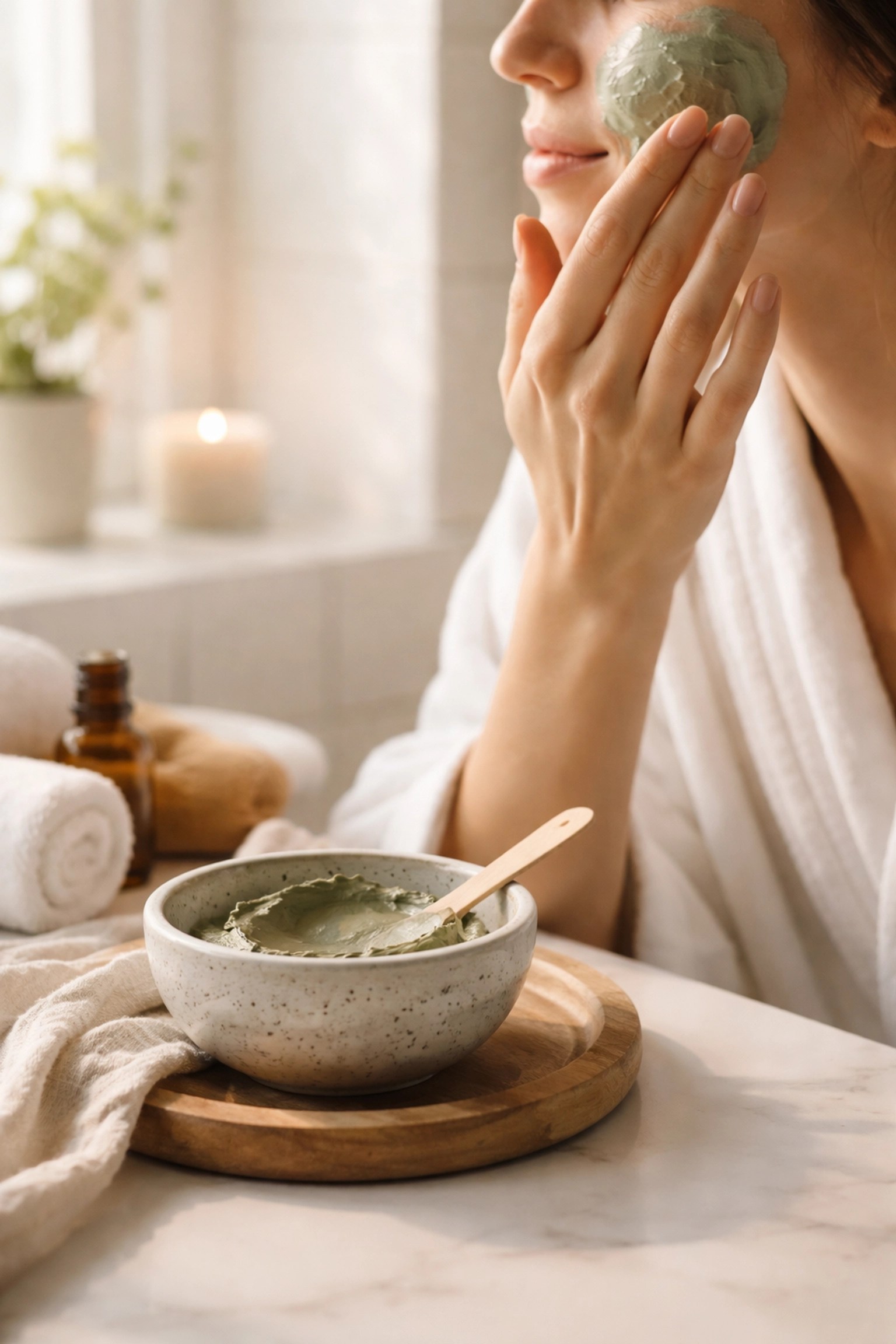 Woman applying green clay face mask in a minimalist bathroom, highlighting skin detox and wellness benefits