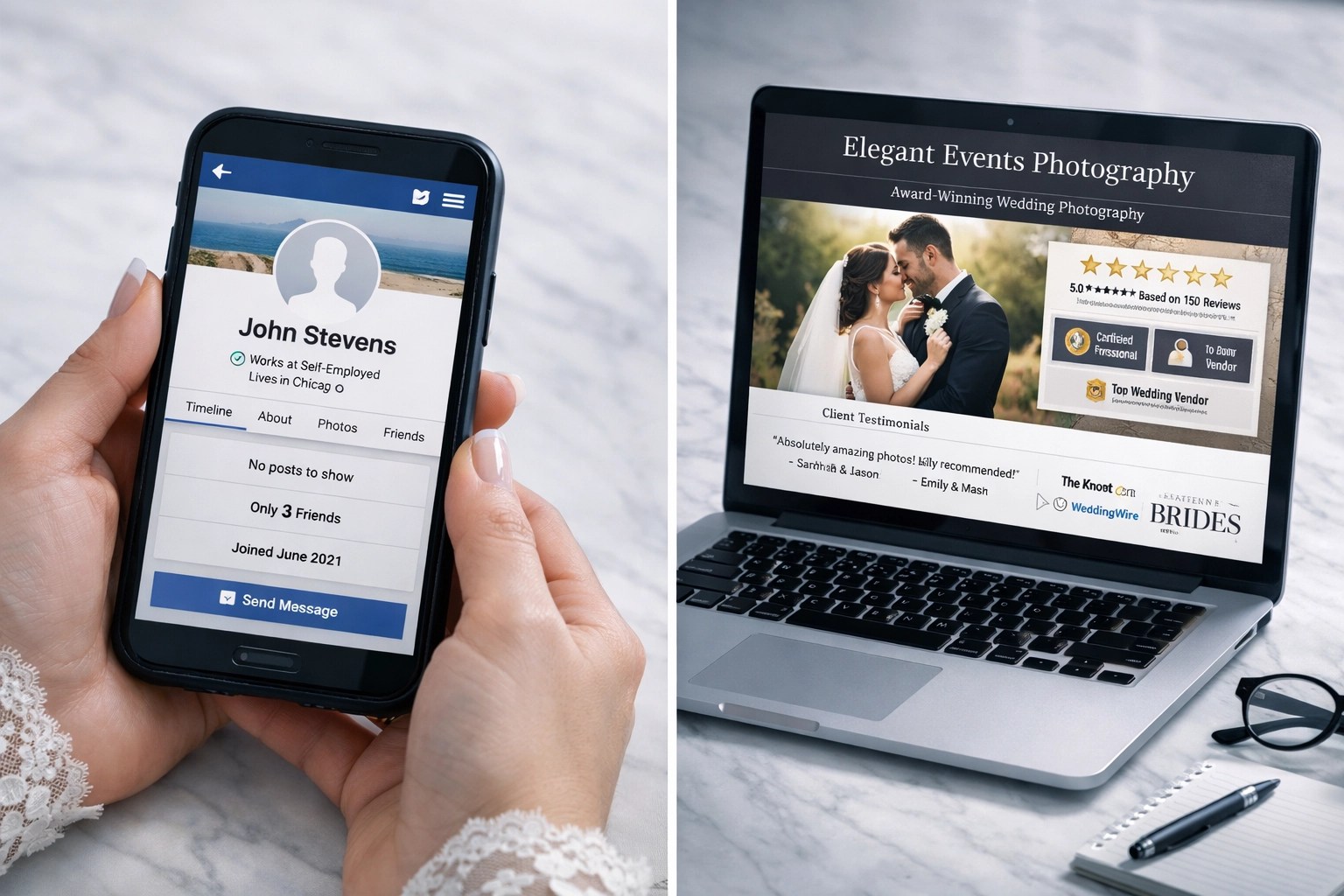 Comparing fake Facebook profiles with verified wedding supplier websites and reviews