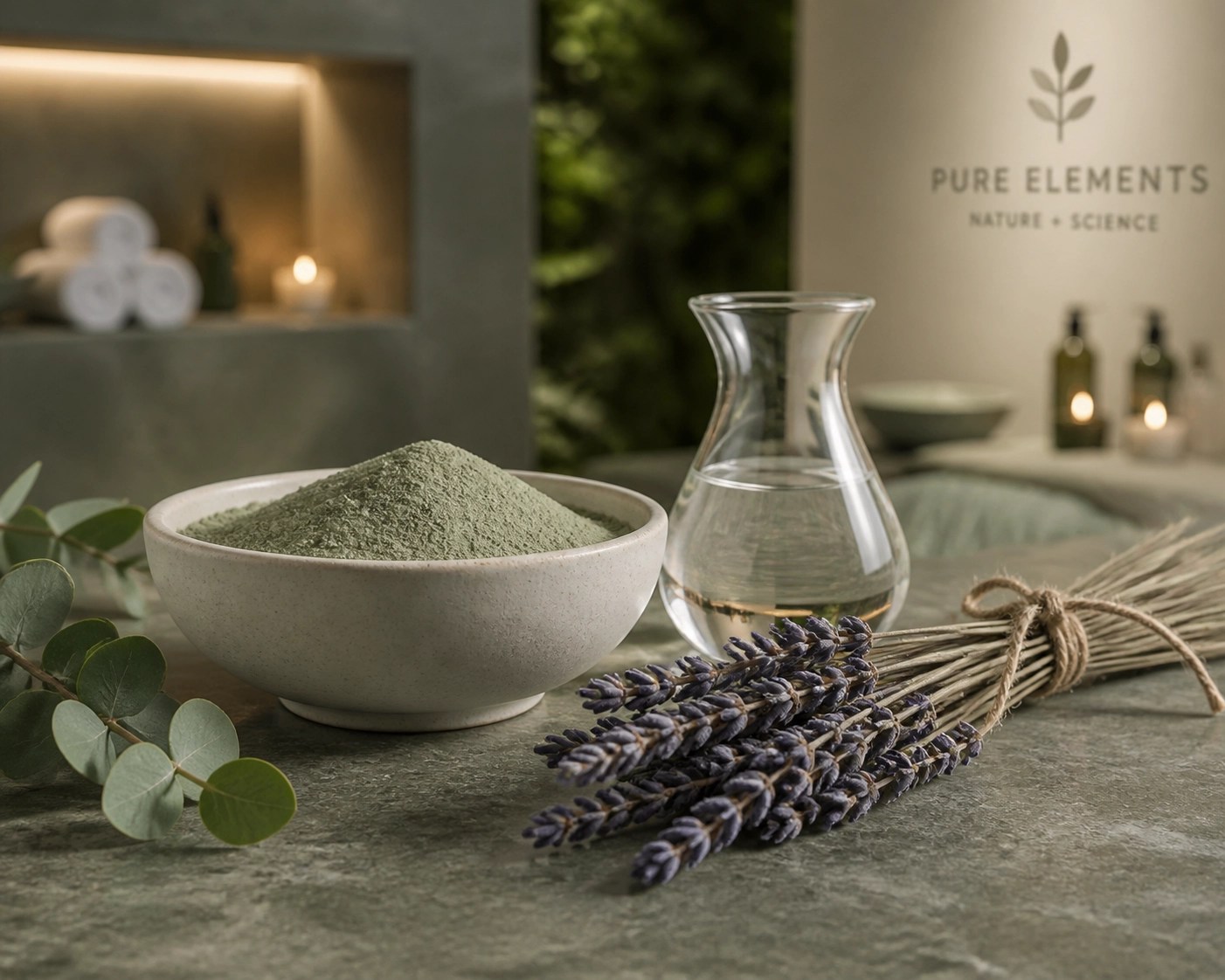 A bowl of fine green clay powder with water and lavender for a natural detox and wellness routine.