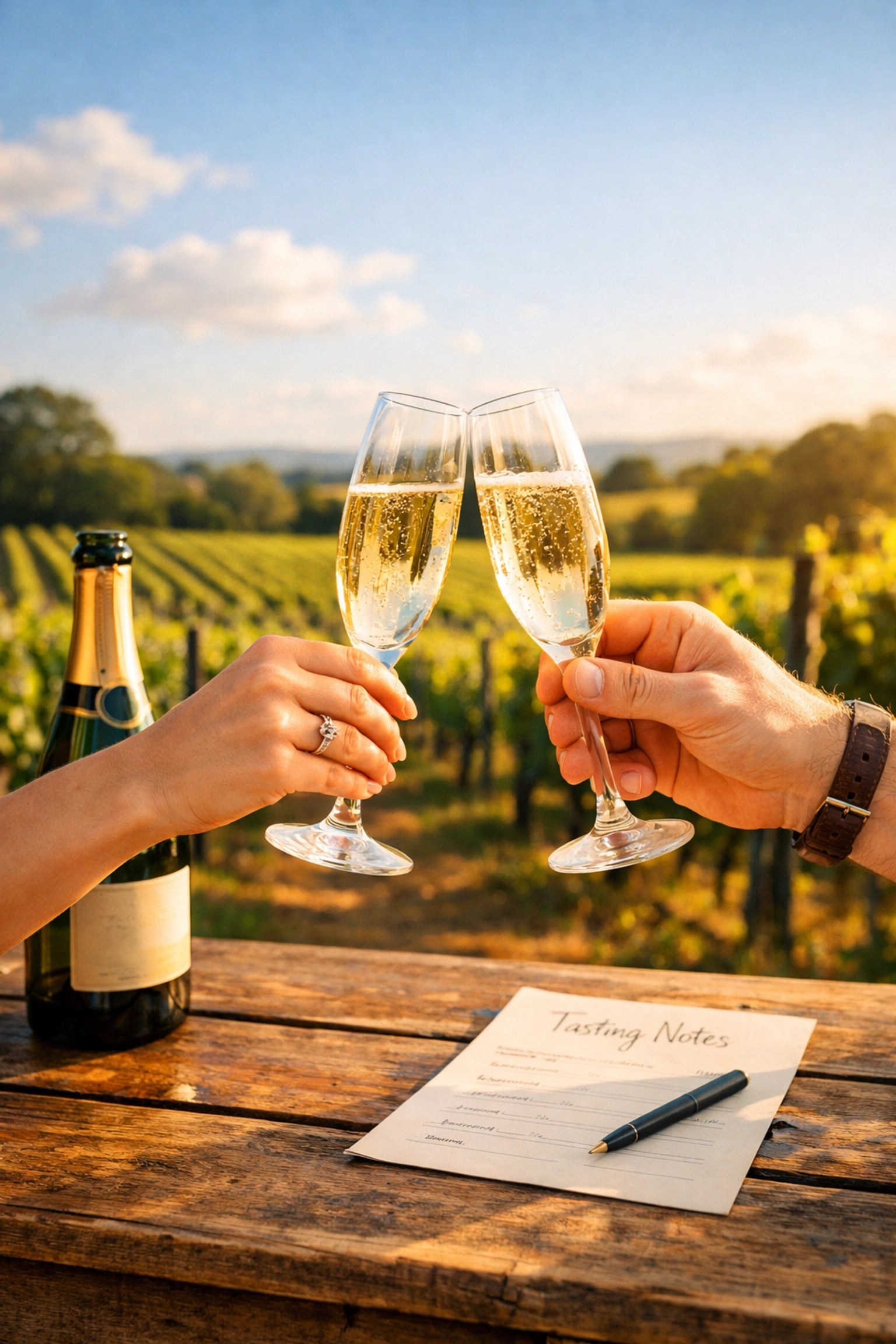 Newlyweds toasting with champagne at Kent vineyard for romantic minimoon celebration