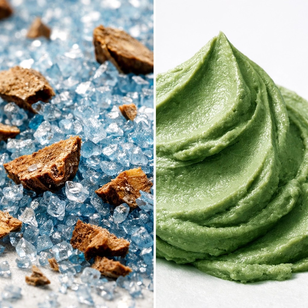 Comparison of abrasive synthetic scrubs versus smooth, gentle exfoliating green clay for skin.