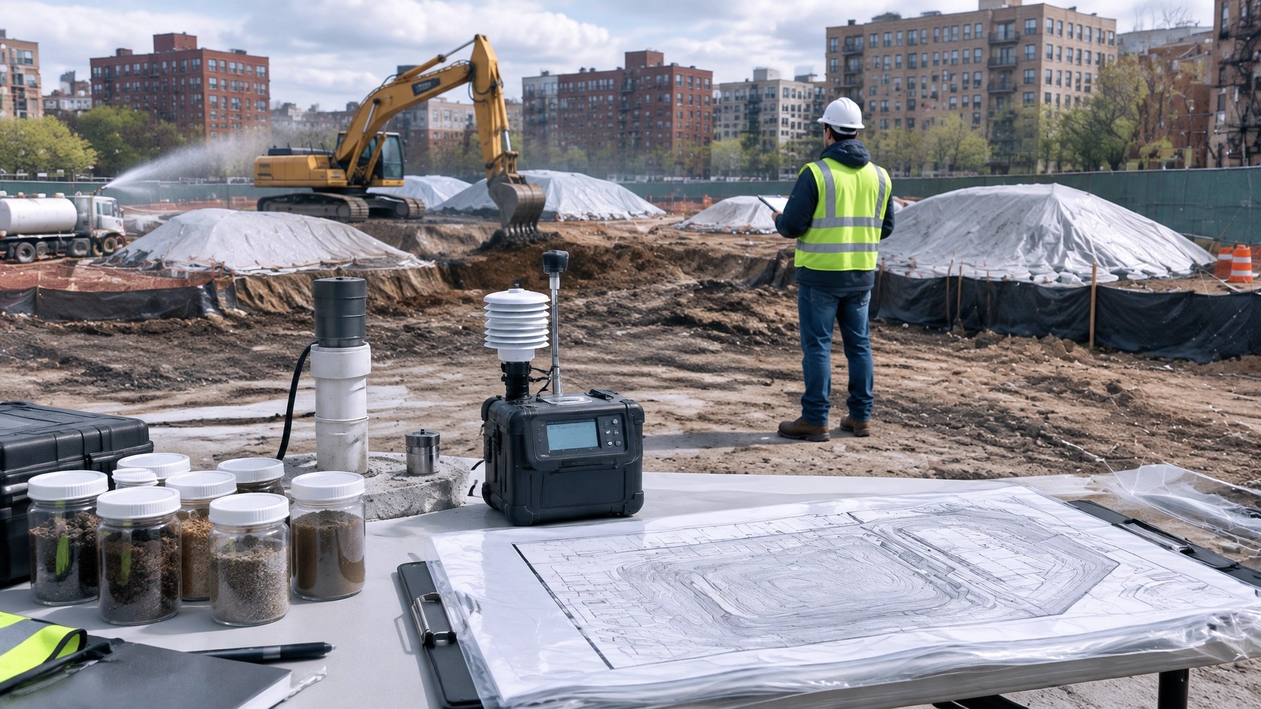 Urban redevelopment field table with soil sample jars, groundwater documentation, air monitoring equipment, and a civil grading plan near an active excavation