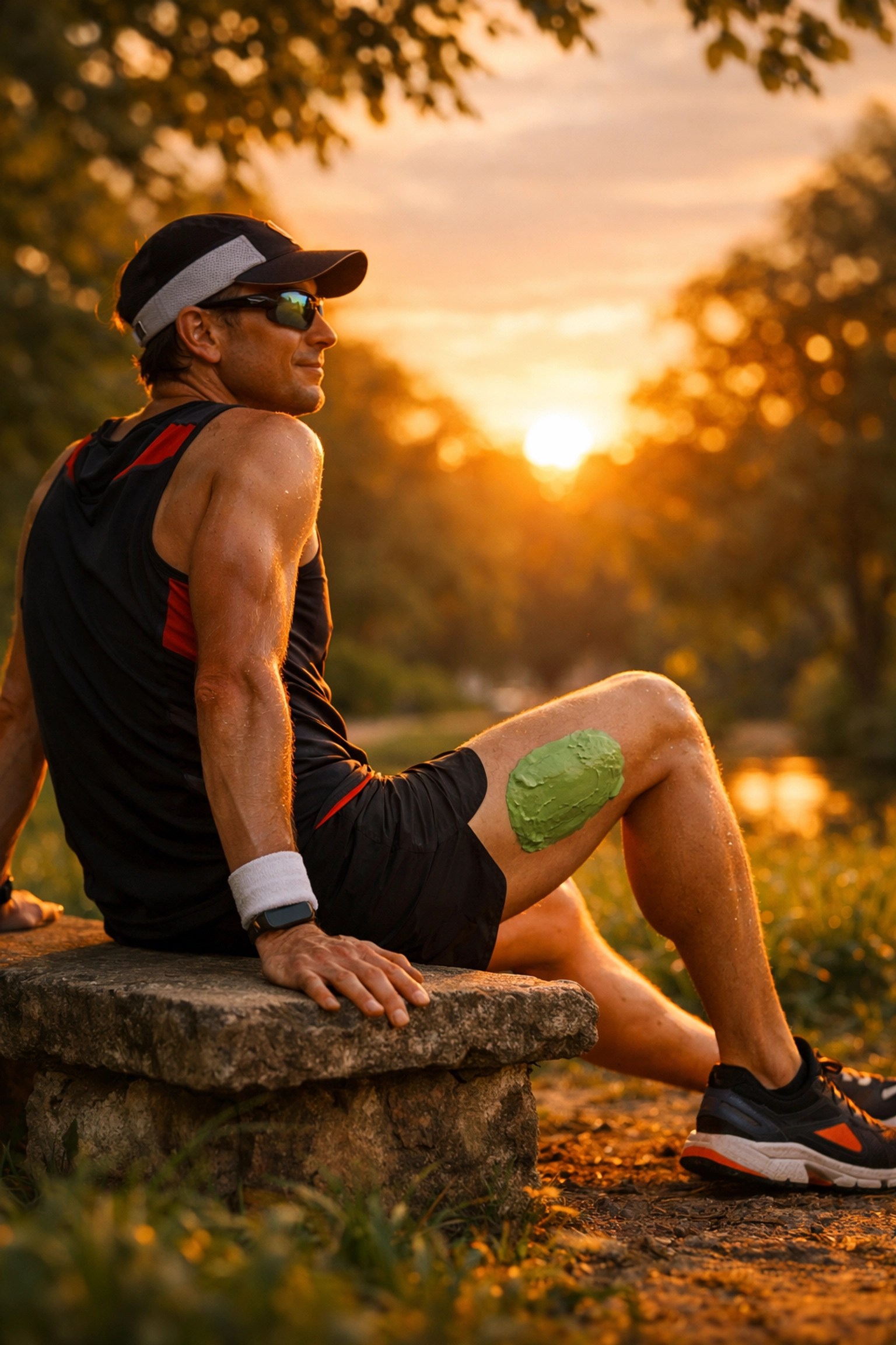 Runner using natural green clay on calf muscle for holistic recovery and nerve pain relief.