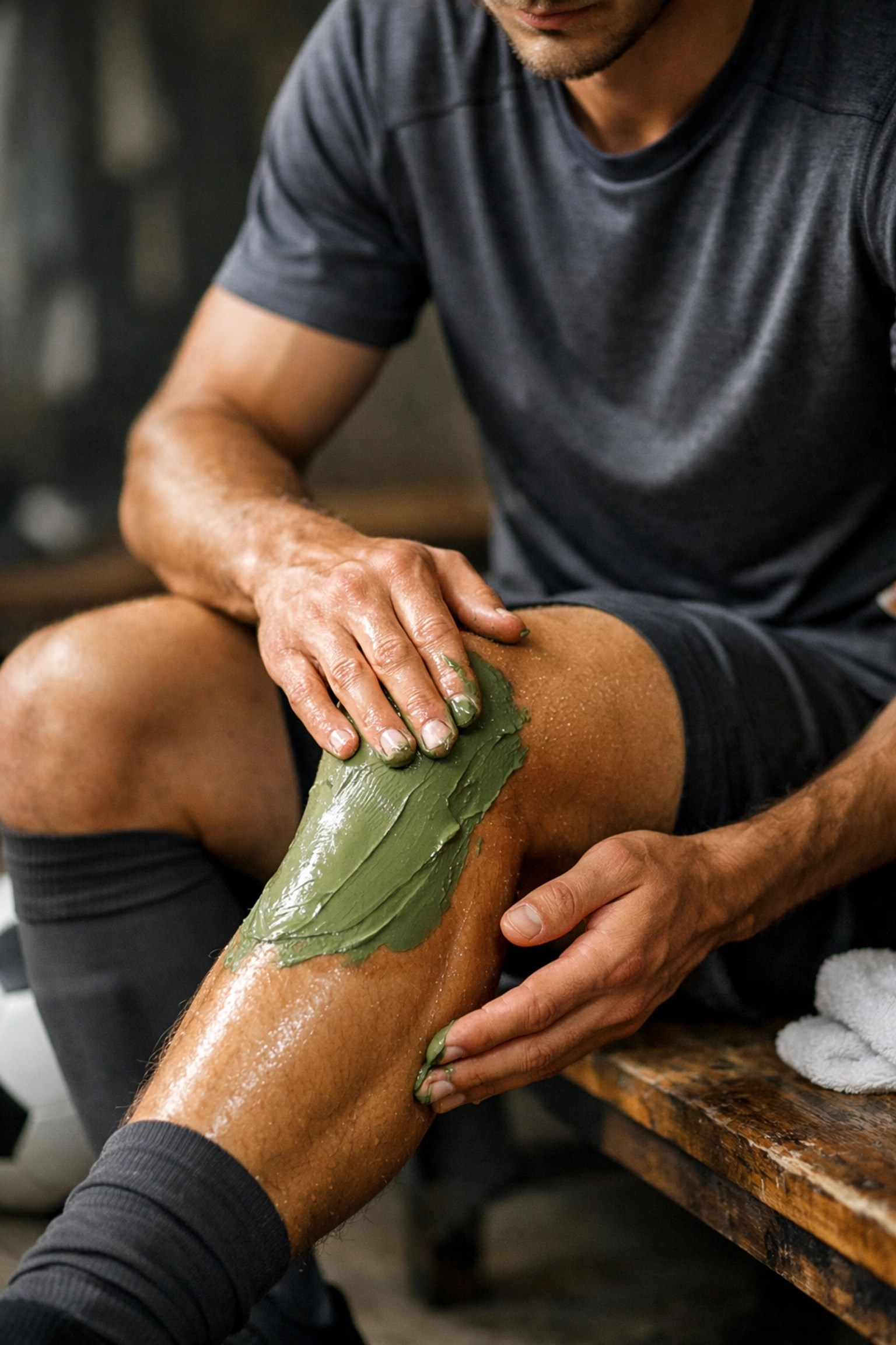 Soccer player applying green healing clay to calf muscle for post-match recovery in a locker room.