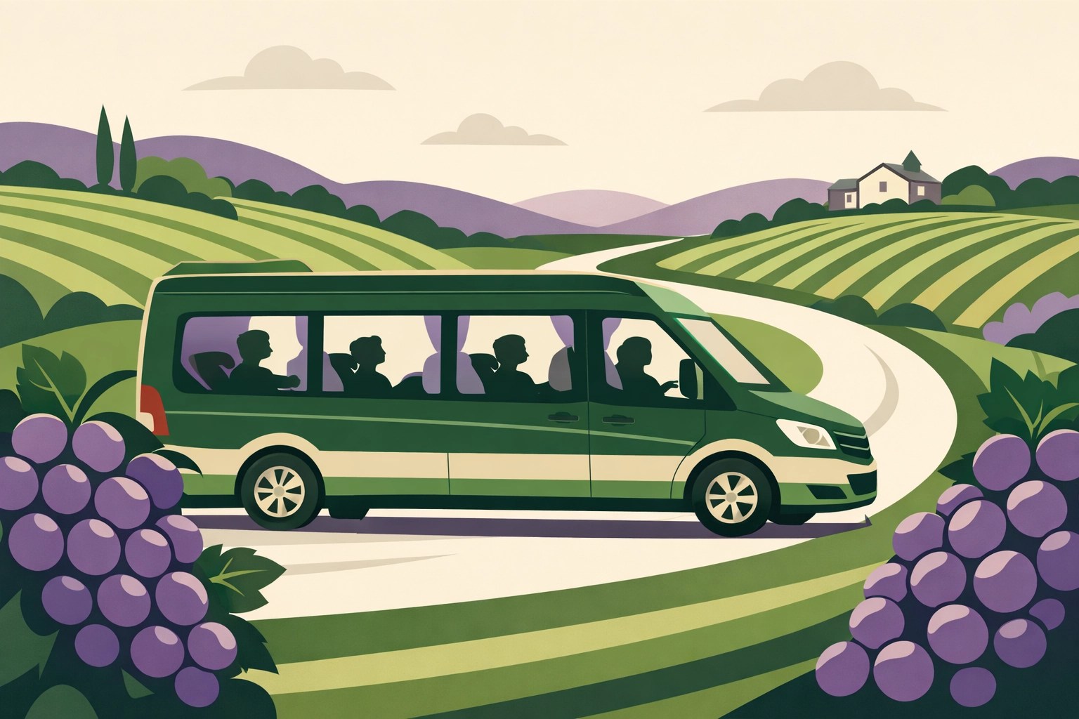 Luxury tour van driving through the scenic Northern Virginia wine country landscape.