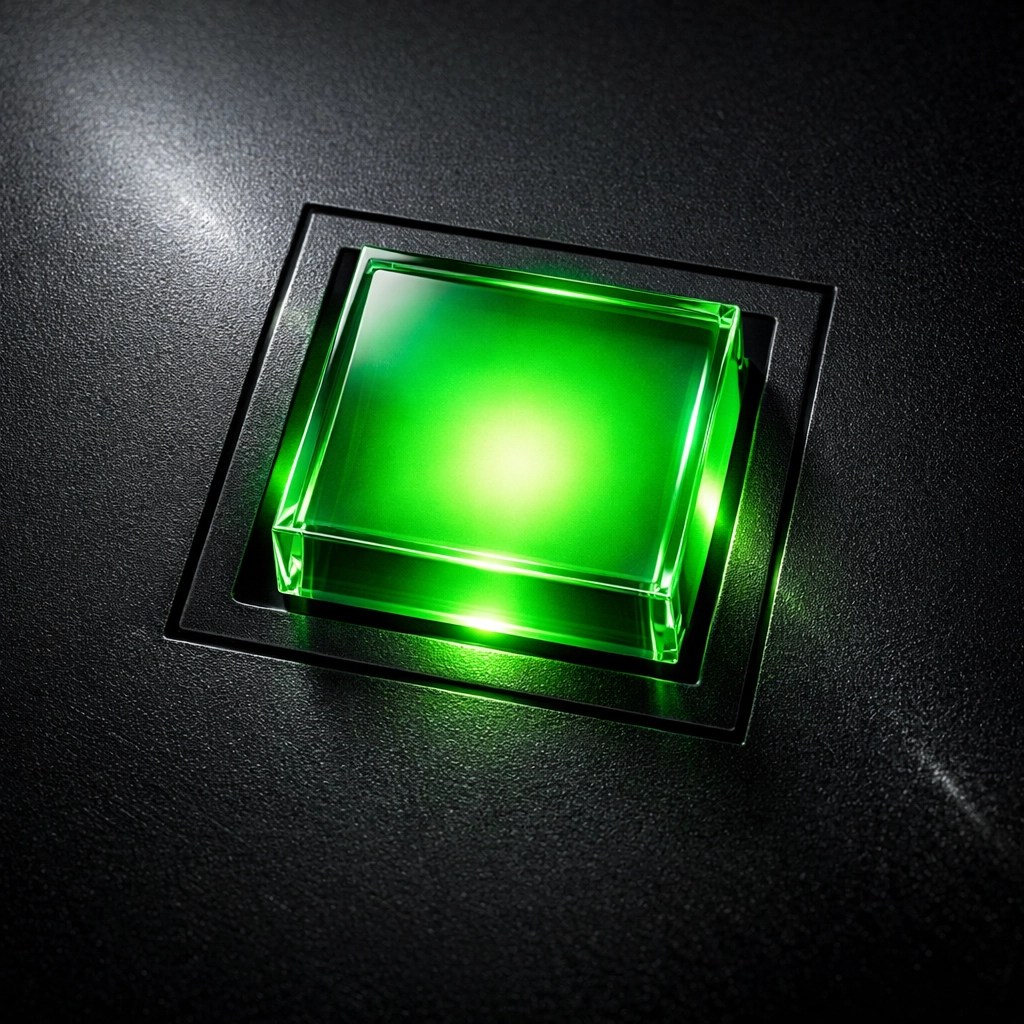 Glowing neon green button on a dark surface representing the choice to scale a digital agency.