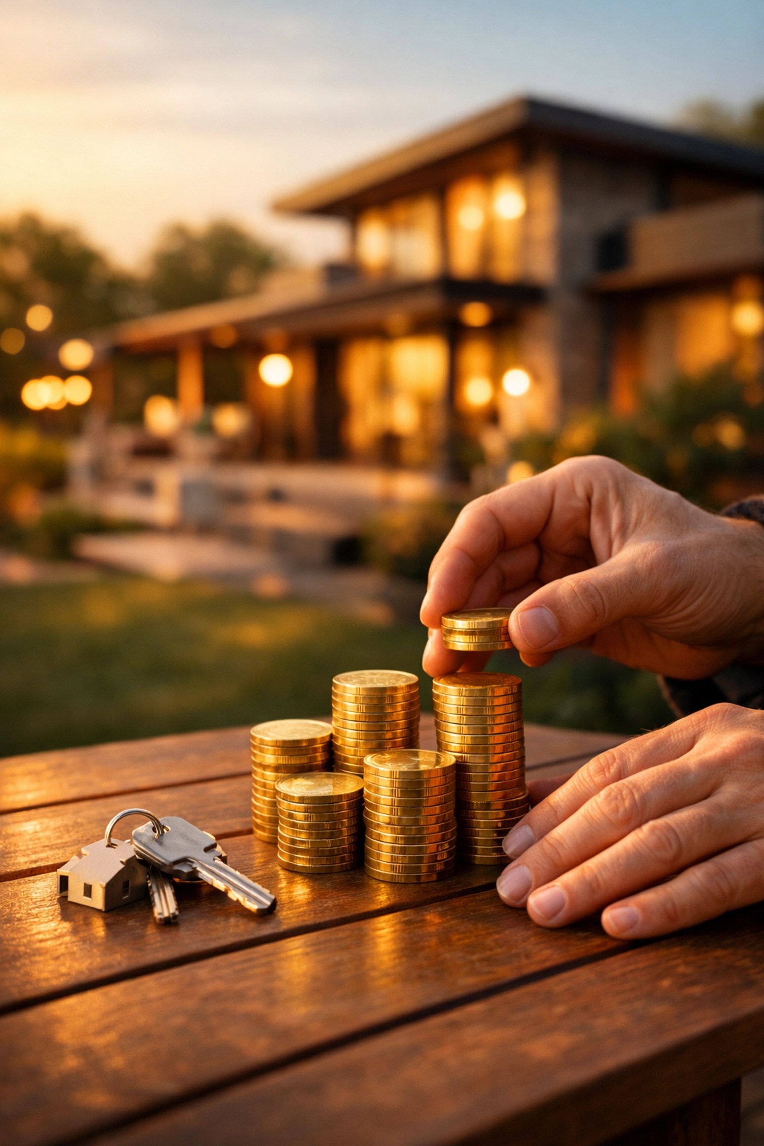 Homeowner stacking gold coins next to house keys, representing tax savings and wealth protection.