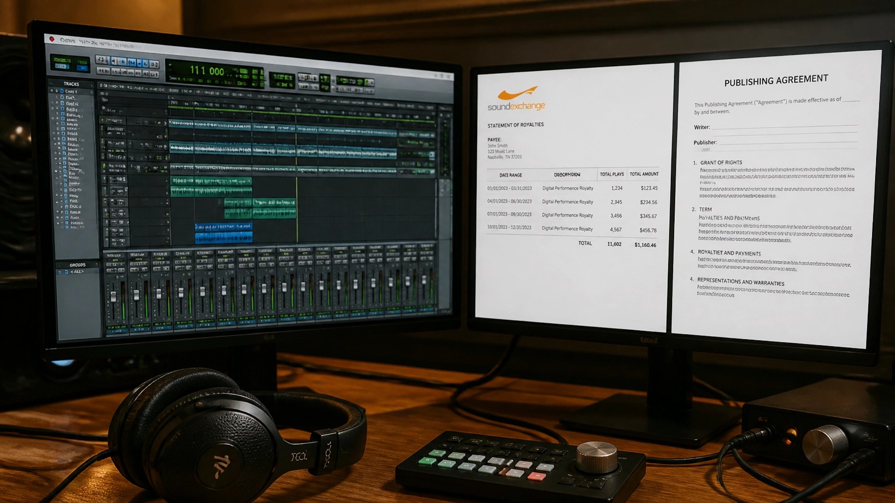 A modern studio desk showing music publishing and SoundExchange documents