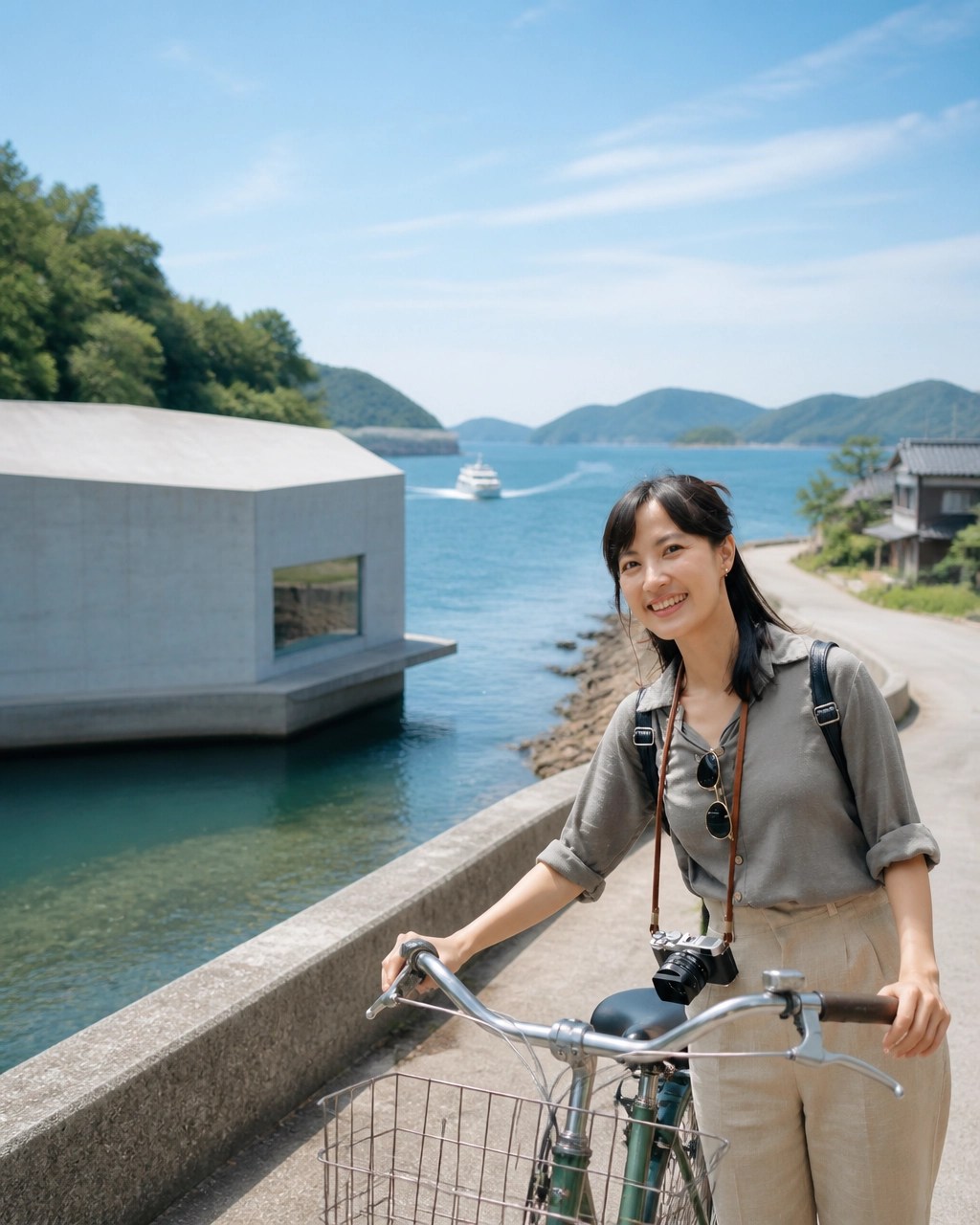Minimalist contemporary architecture beside turquoise water on Japan’s Seto Inland Sea
