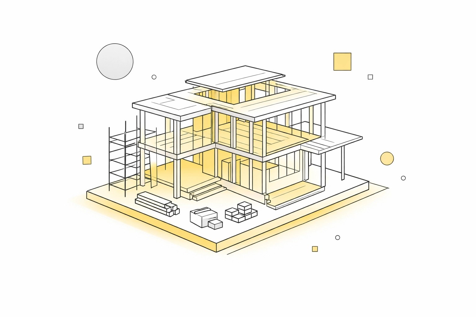 Modern luxury home construction outline illustrating efficient single-vendor project management.