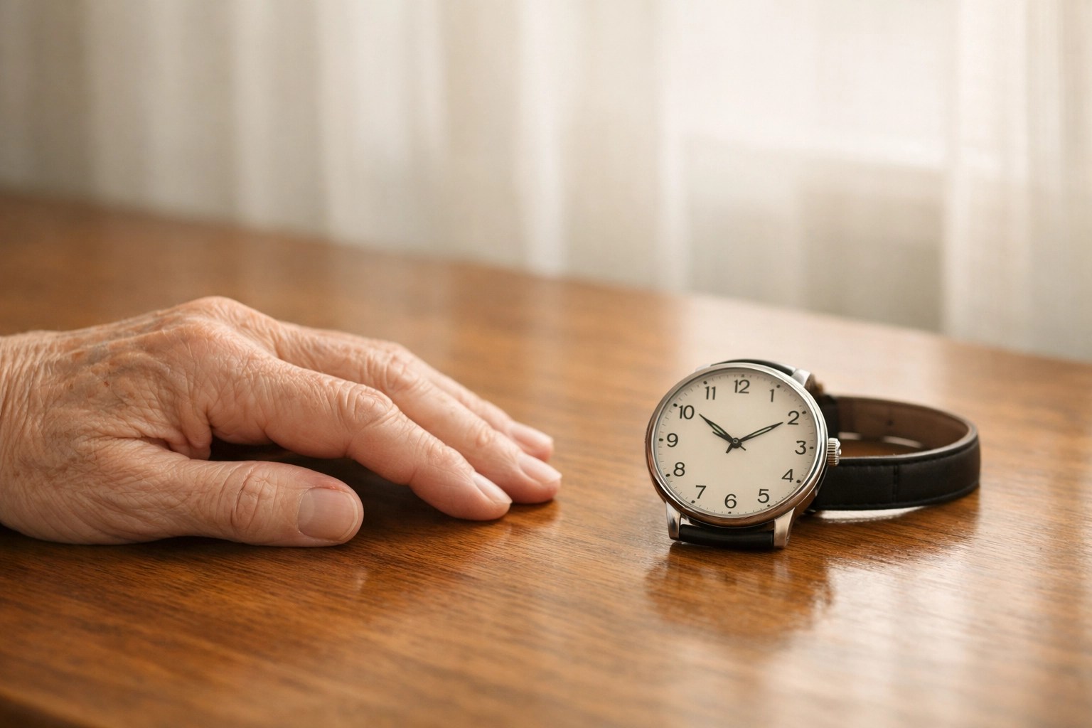 Elderly patient's hand near a watch, symbolizing the importance of timely NEMT for critical care.