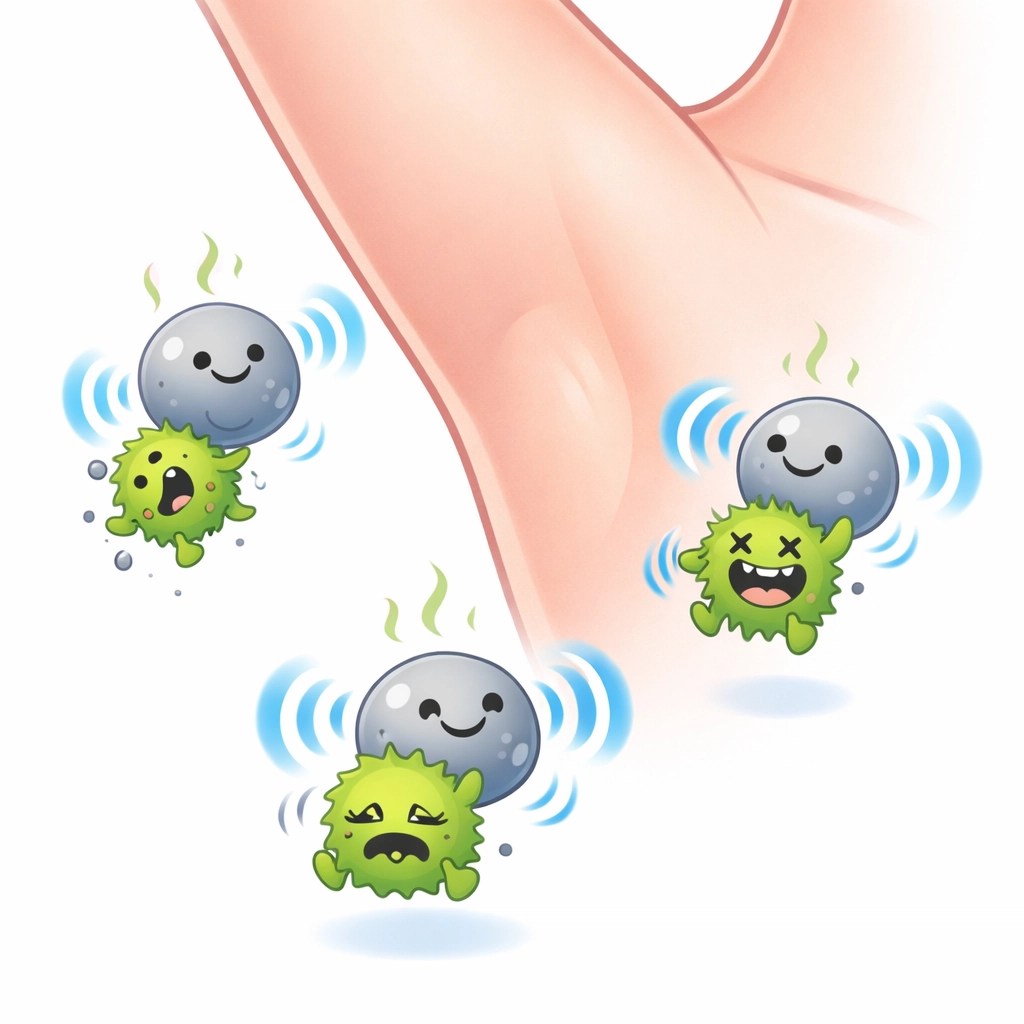 Illustration of bentonite clay particles removing odor-causing bacteria from a clean underarm.