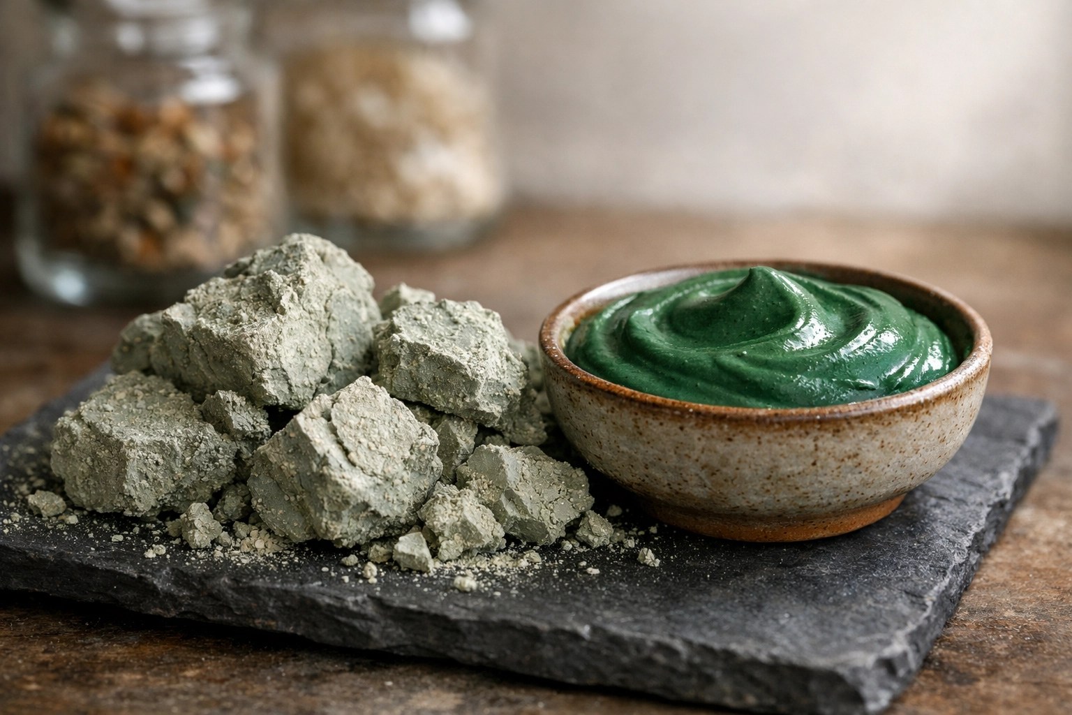 Raw French green clay chunks and smooth healing clay paste for a pure natural detox.