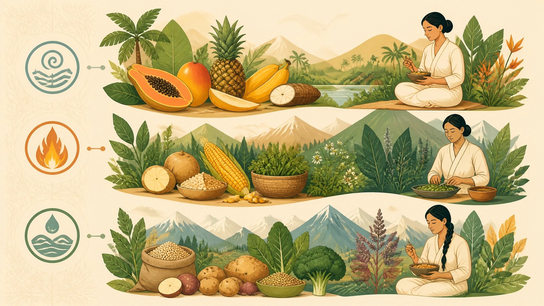 Ilustración de los pisos térmicos colombianos con alimentos locales