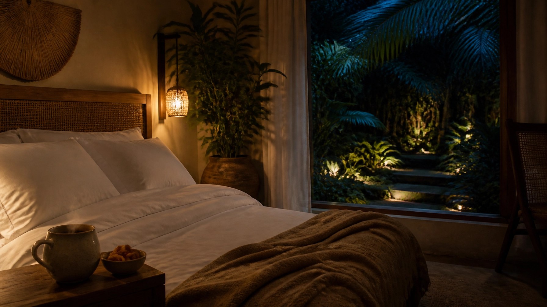 Habitación serena con vista al jardín tropical, reflejando el descanso ideal