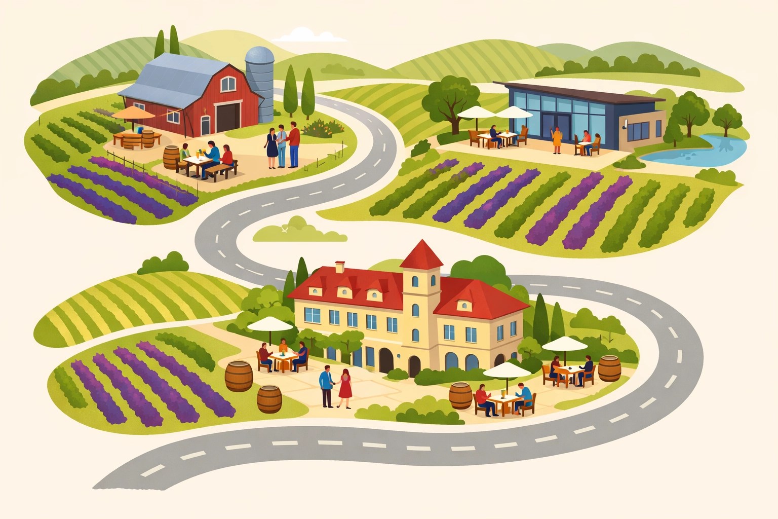 Aerial view of three Loudoun County wineries connected by scenic wine tour route