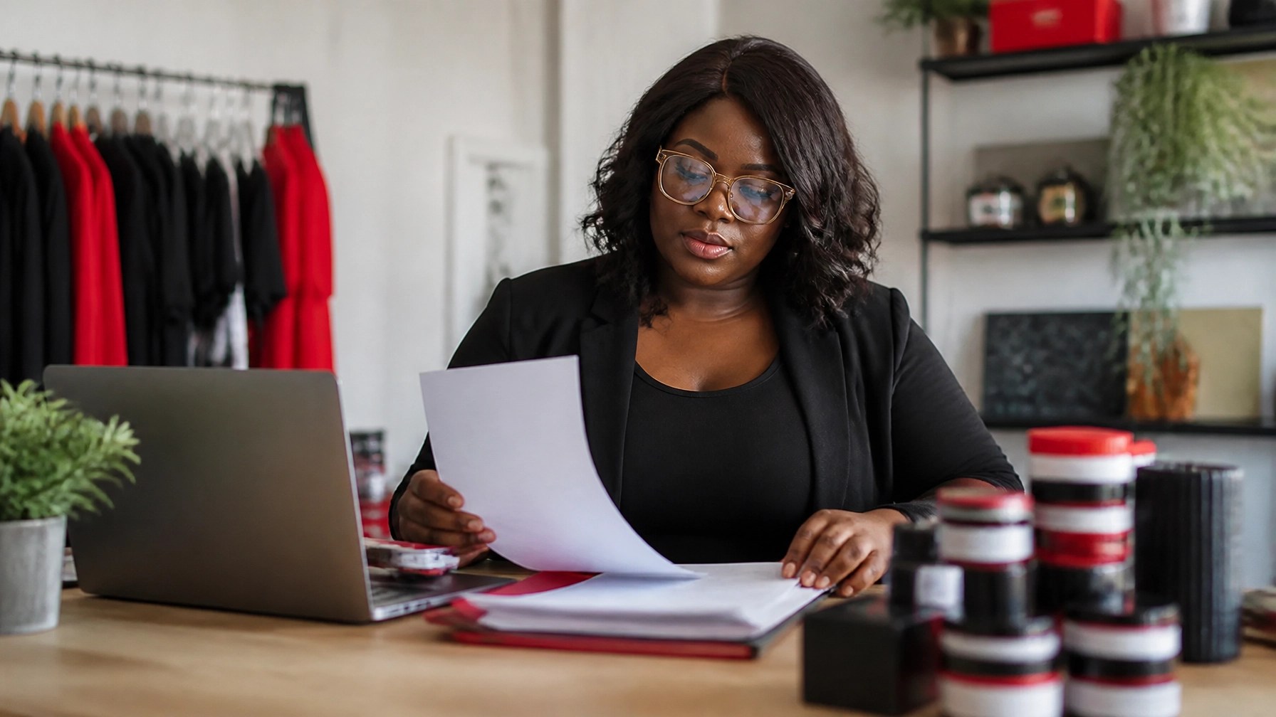 Black entrepreneur organizing procurement paperwork with a laptop