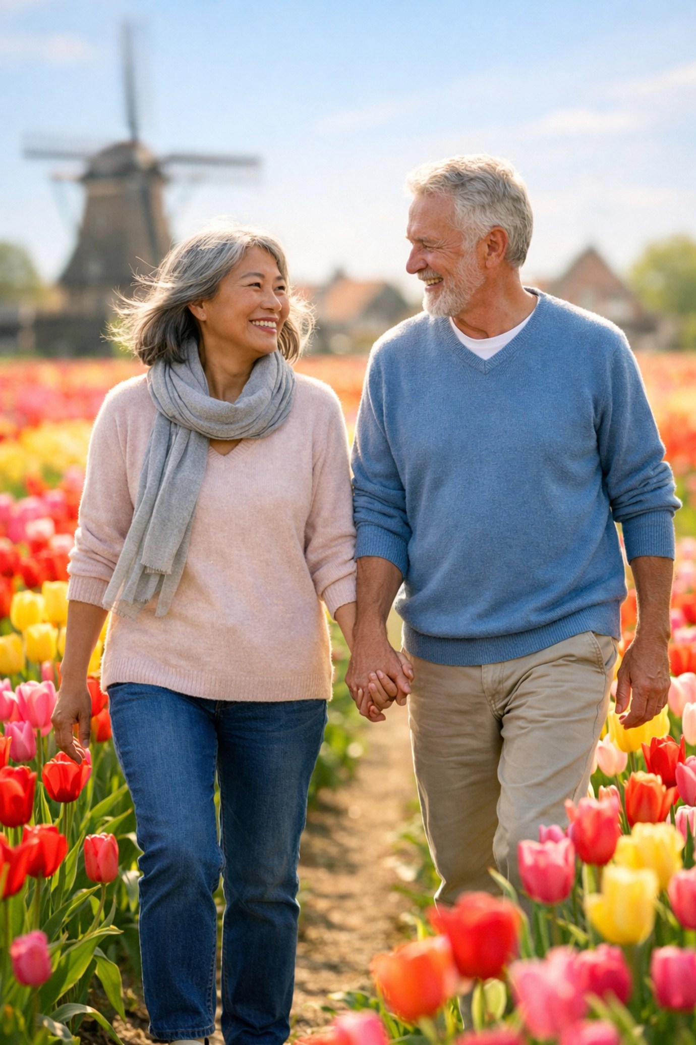 Couple walking through Amsterdam tulip fields in late April during spring shoulder season