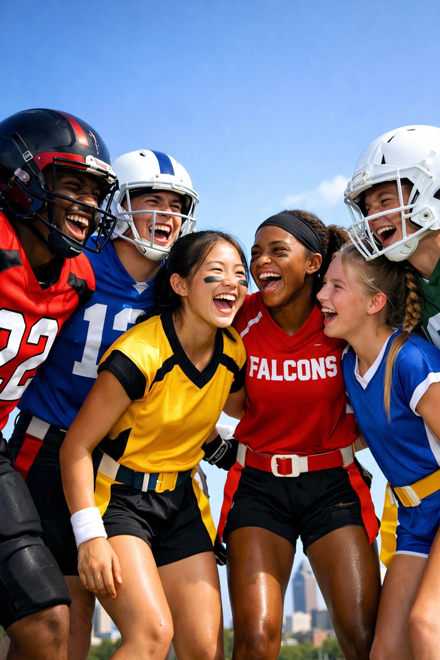 Atlanta football and girls flag football players in a huddle at iDareU Academy.