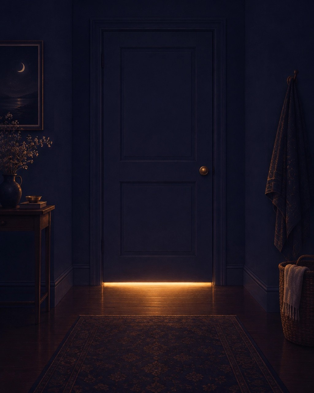 A closed bathroom door with a narrow line of warm light glowing beneath it