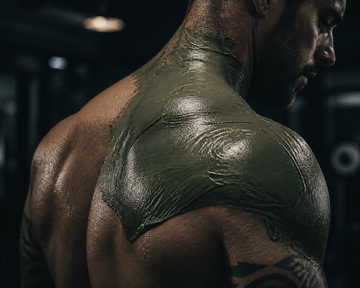 Athlete's shoulder applied with healing green clay paste for natural sports muscle recovery and inflammation relief.