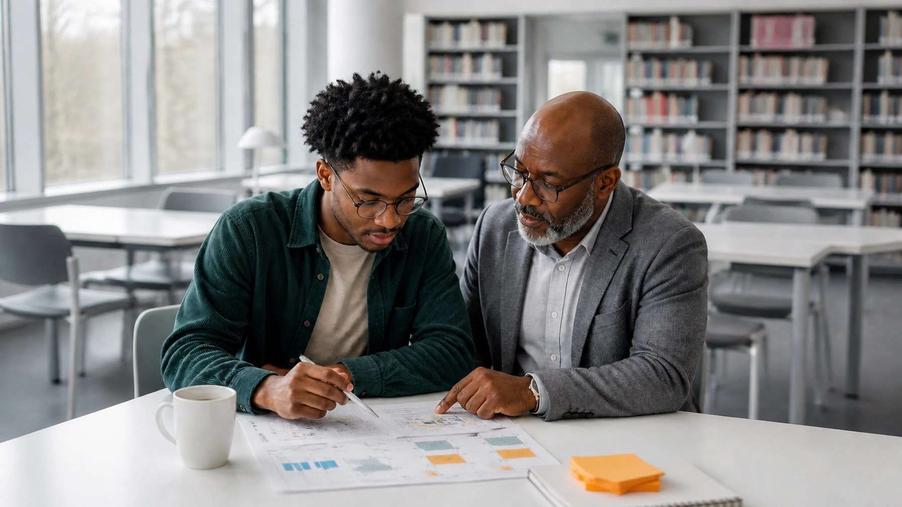 A Black college student reviewing a printed learning plan with an older mentor at a bright public library table, with a notebook nearby