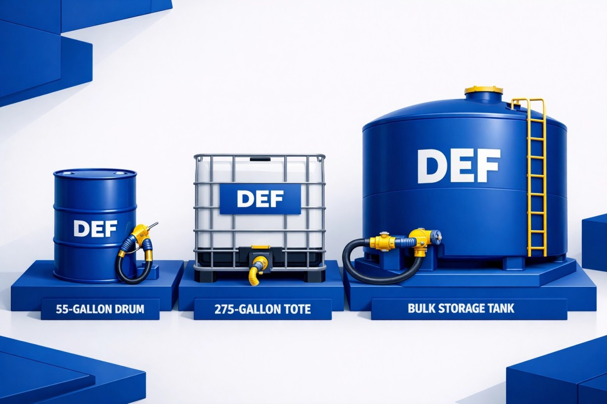 Comparison of diesel exhaust fluid storage options including drums, totes, and bulk tanks.