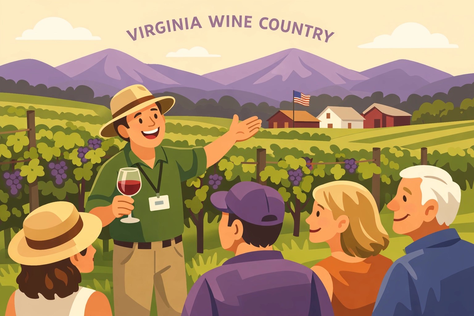 Certified wine tour guide leading group through Northern Virginia vineyard