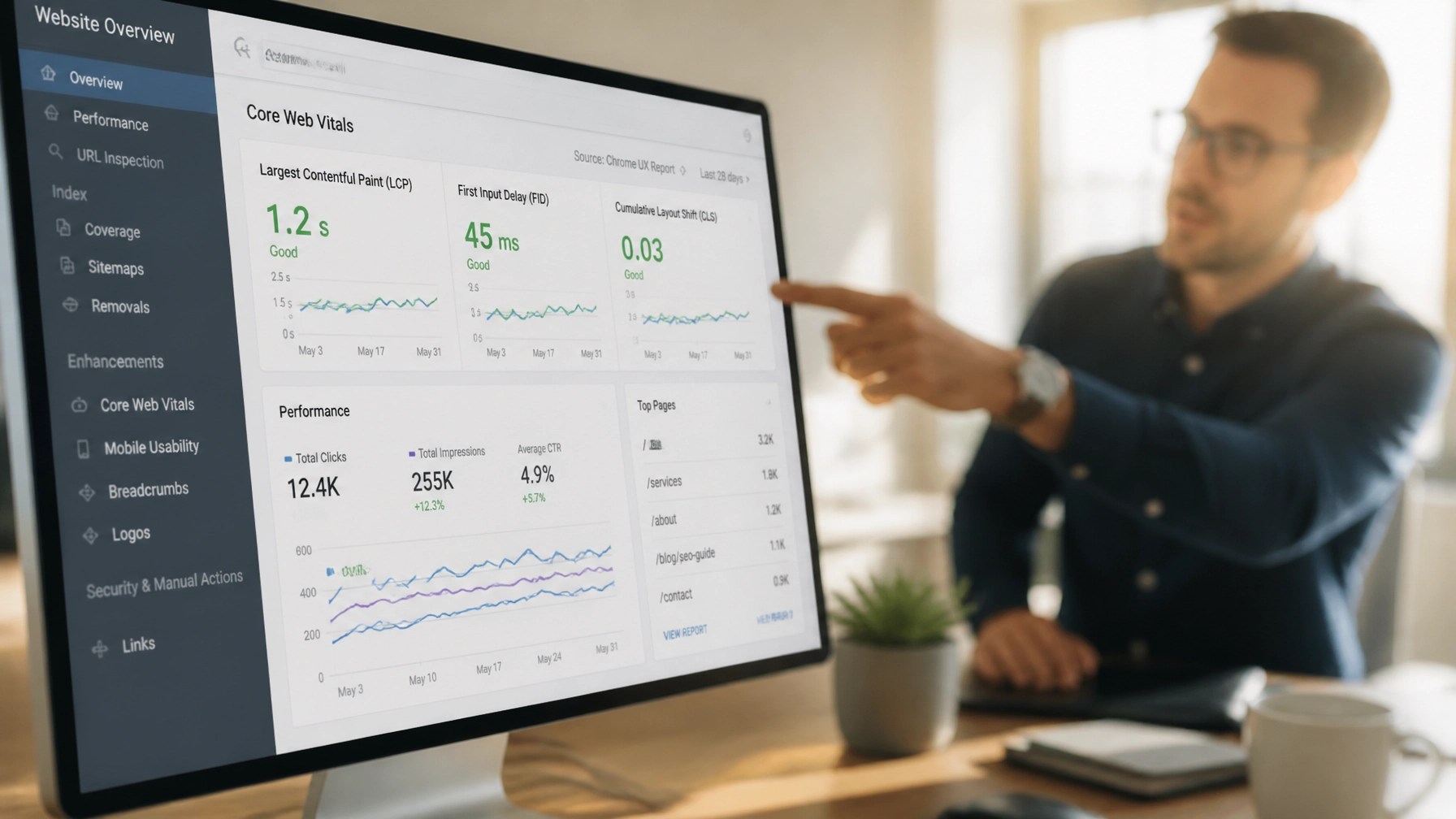A digital marketing consultant analyzing performance data on a large monitor, emphasizing a proactive, data-driven approach to web strategy.