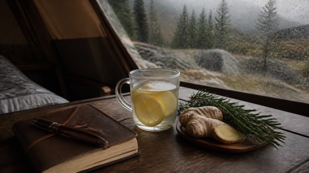A wooden table inside a cozy mountain glamping dome featuring warm lemon water with sliced lemons, rosemary, and ginger