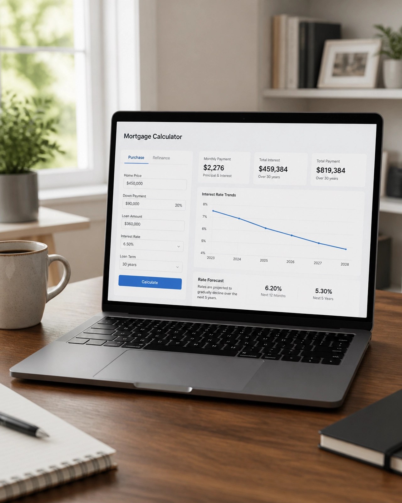 A modern home office setting with a mortgage calculator representing clear and accurate financial planning.