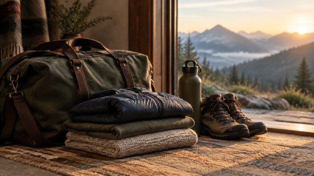 Quiet final departure preparation with a neatly arranged travel bag beside a doorway in warm early-morning light