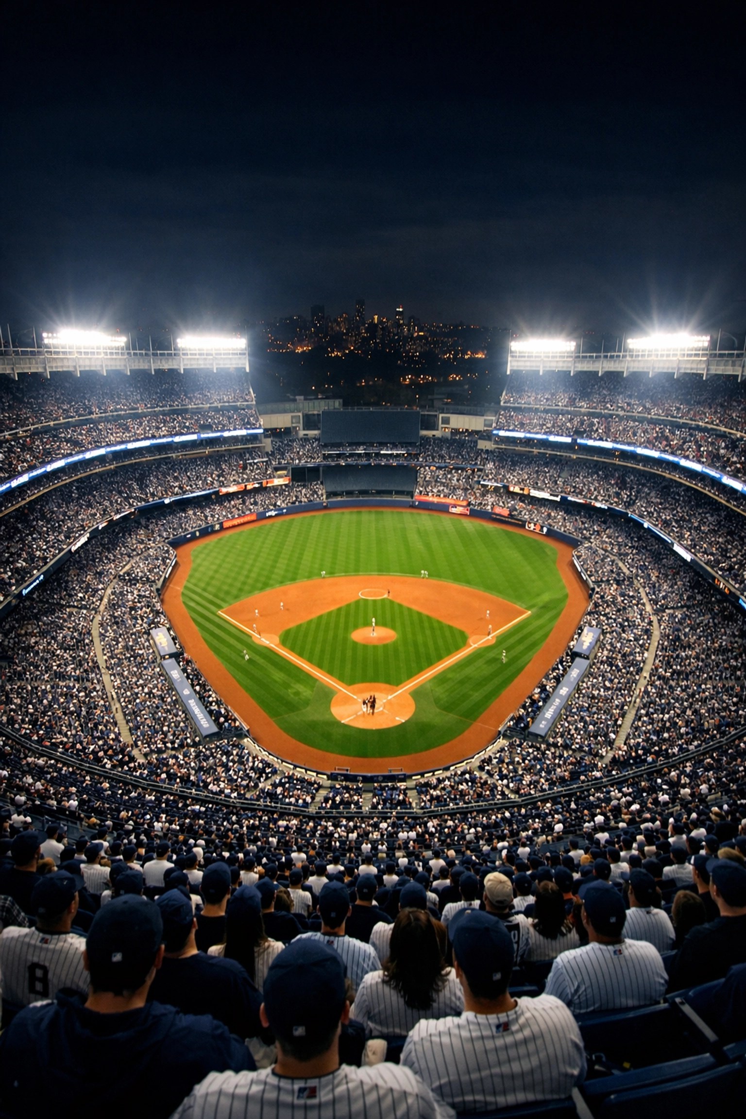 Panoramic view of a sold-out night game at Yankee Stadium with glowing floodlights and a massive crowd.