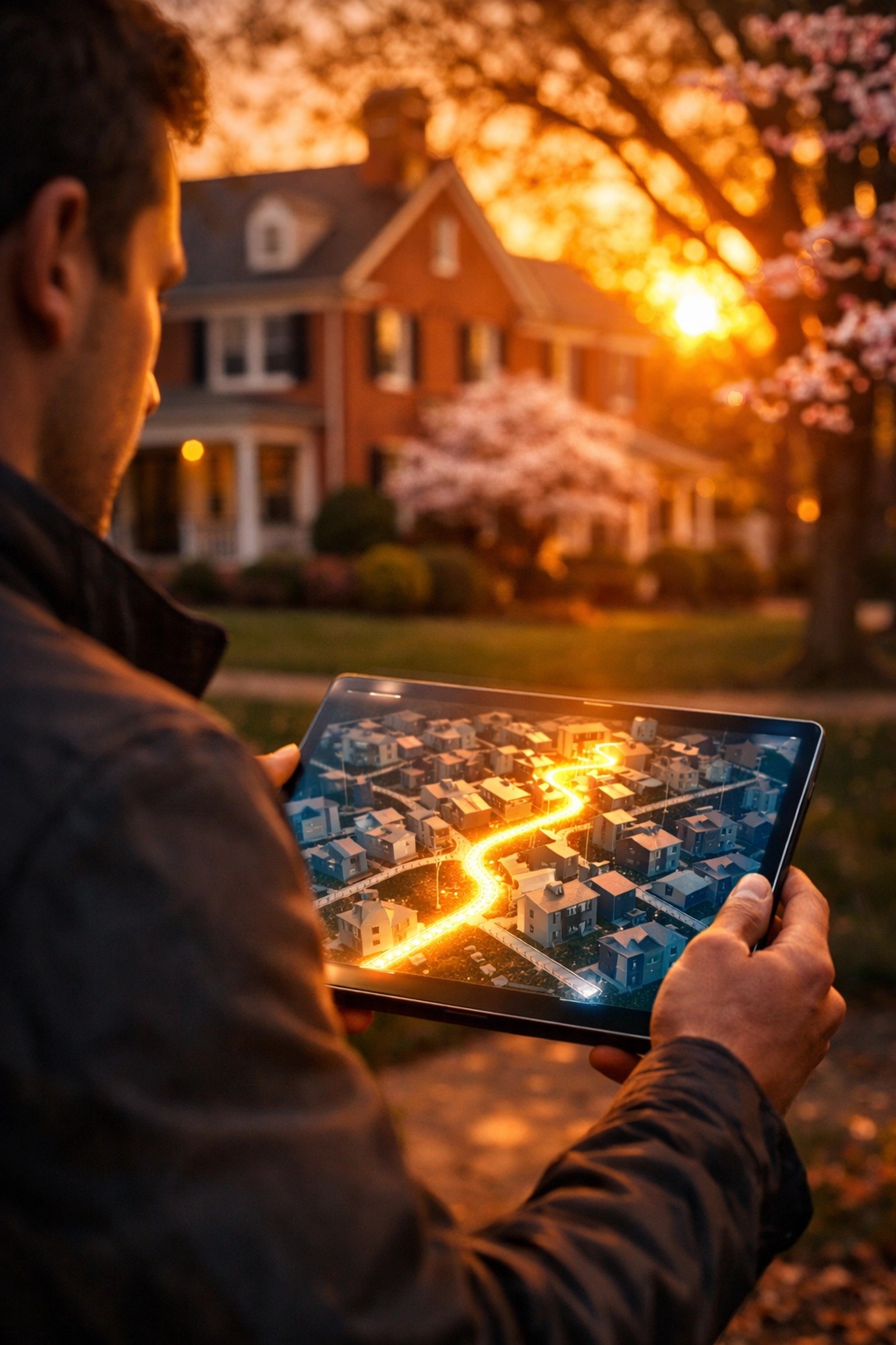 Homebuyer navigating the Maryland housing market maze near a suburban brick home during the 2026 spring season.