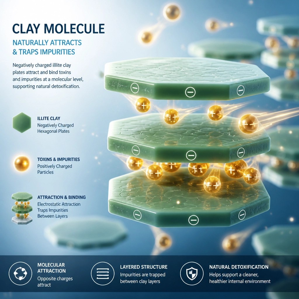 Abstract visualization of clay molecules trapping toxins