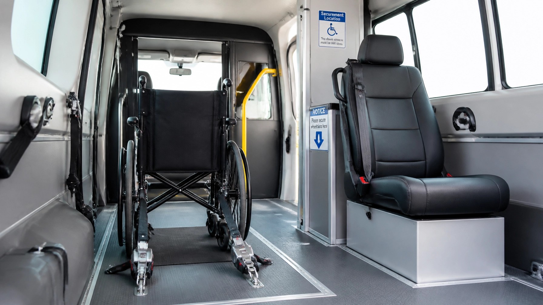 The interior of a specialized medical transport vehicle showing wheelchair securement