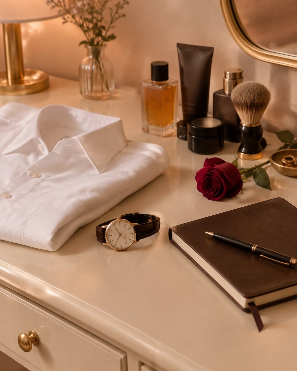 Men’s grooming essentials, a neatly folded shirt and notebook on a warm cream dressing table