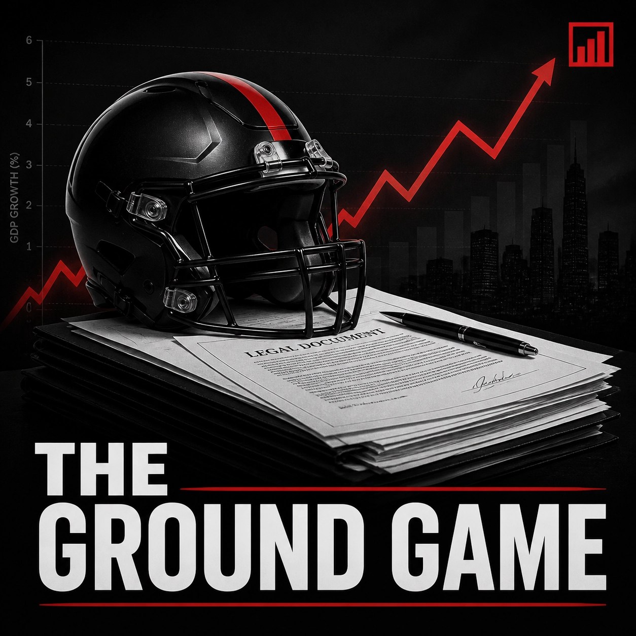Football helmet on legal documents with a red economic line graph and The Ground Game text.