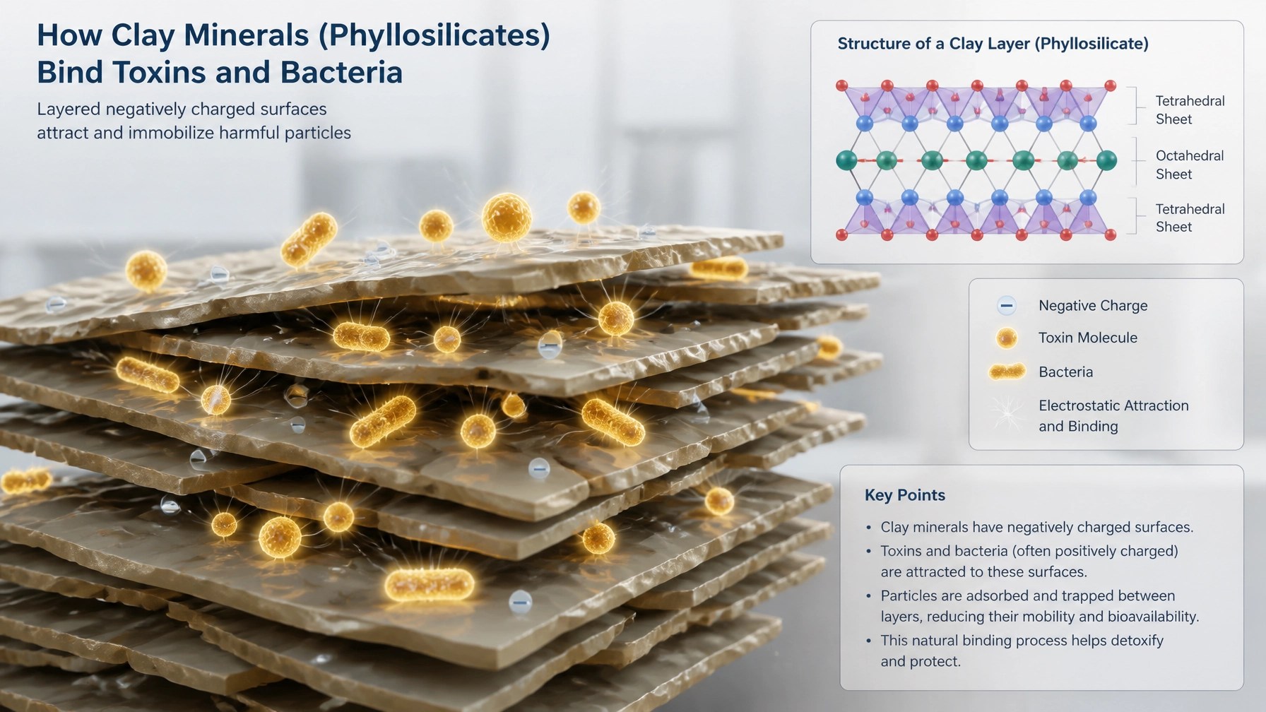 Microscopic conceptual illustration of clay minerals binding to toxins