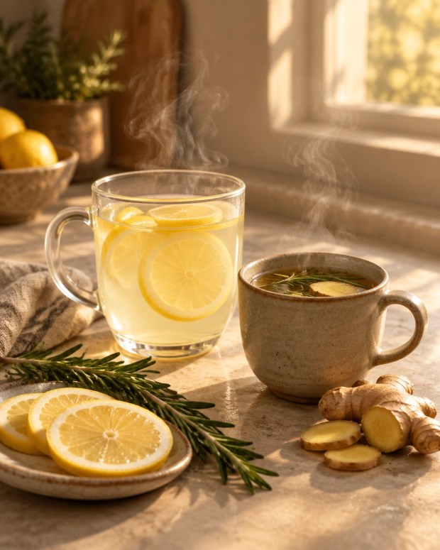 Hot lemon water and rosemary-ginger tea on a quiet kitchen counter in the morning light
