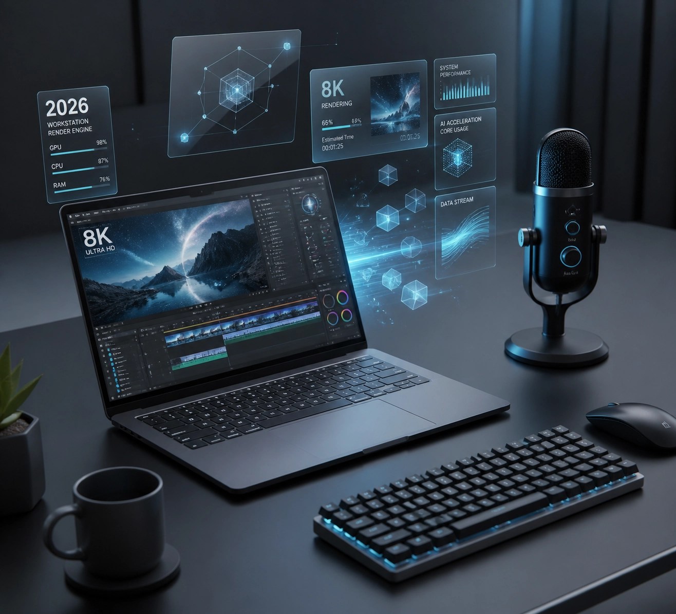 Modern high-performance laptop and workstation setup for 2026 content creation and professional video editing.