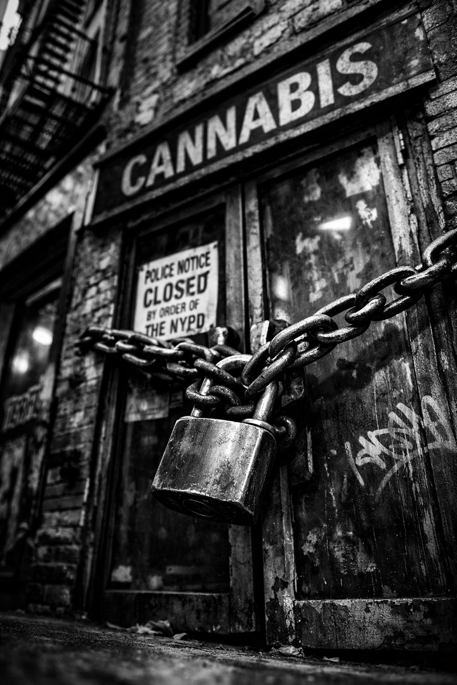Padlocked storefront showing New York cannabis enforcement shutting down illegal smoke shops