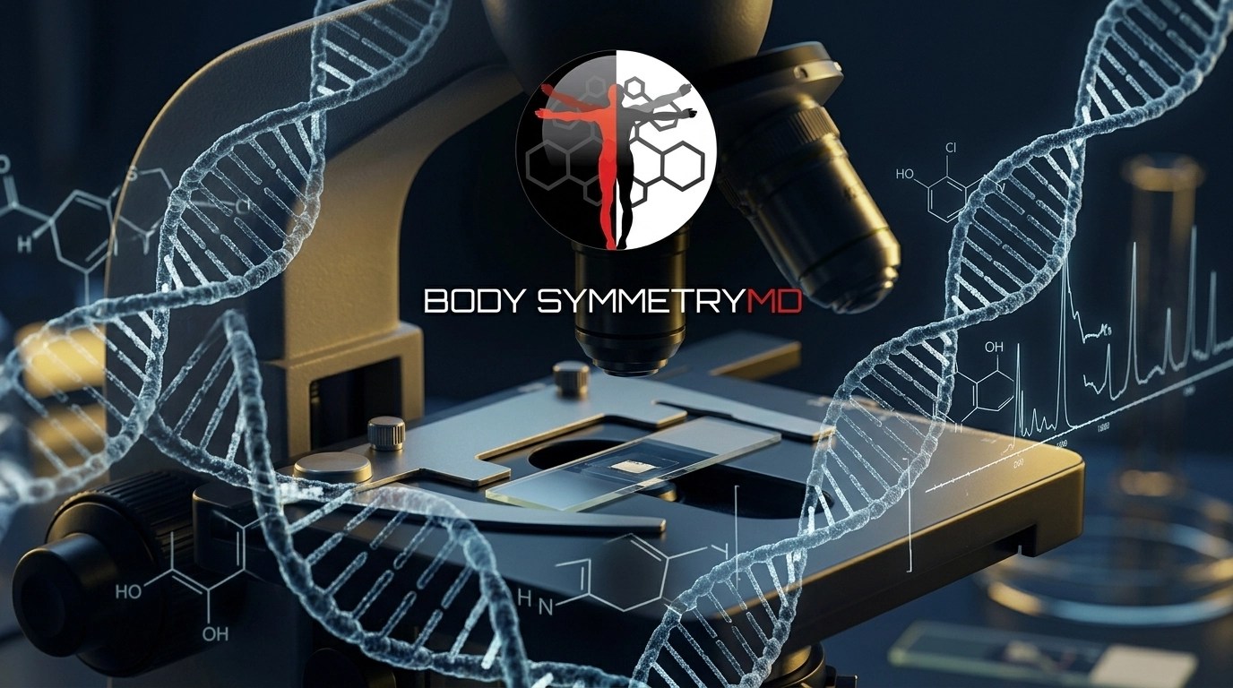 Forensic Data - Macro photography of laboratory equipment and digital DNA structures representing the 50+ Marker Gold Key Bio-Blueprint.