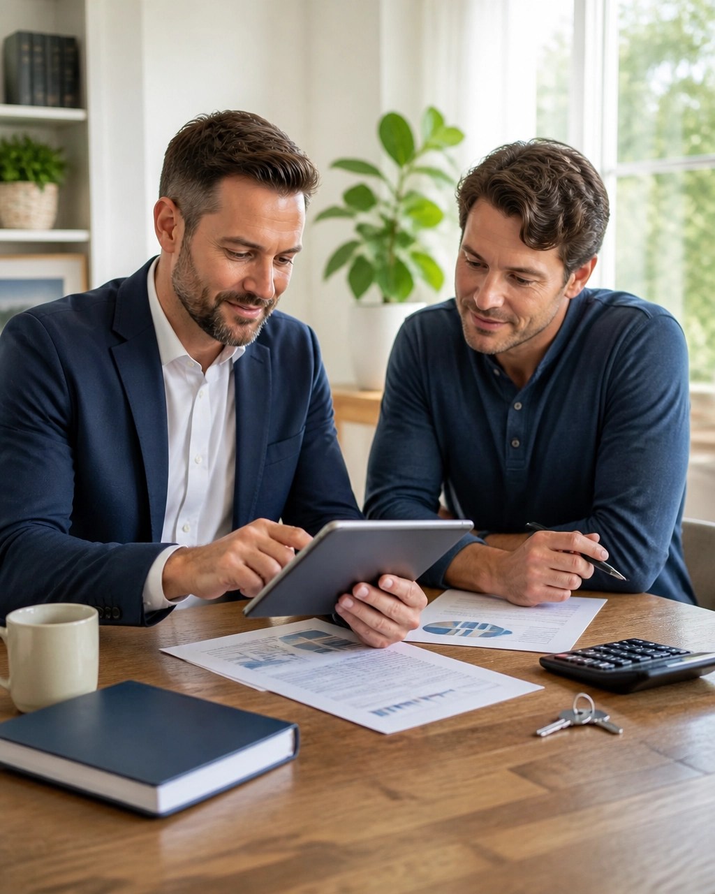 Mortgage advisor and real estate investor comparing rental property loan programs