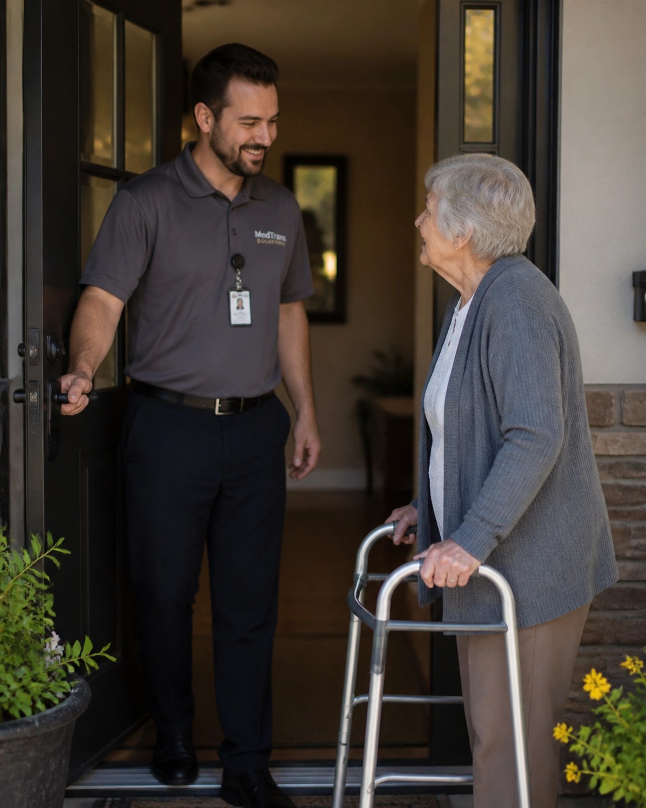 A compassionate medical transport driver assisting a patient at their front door