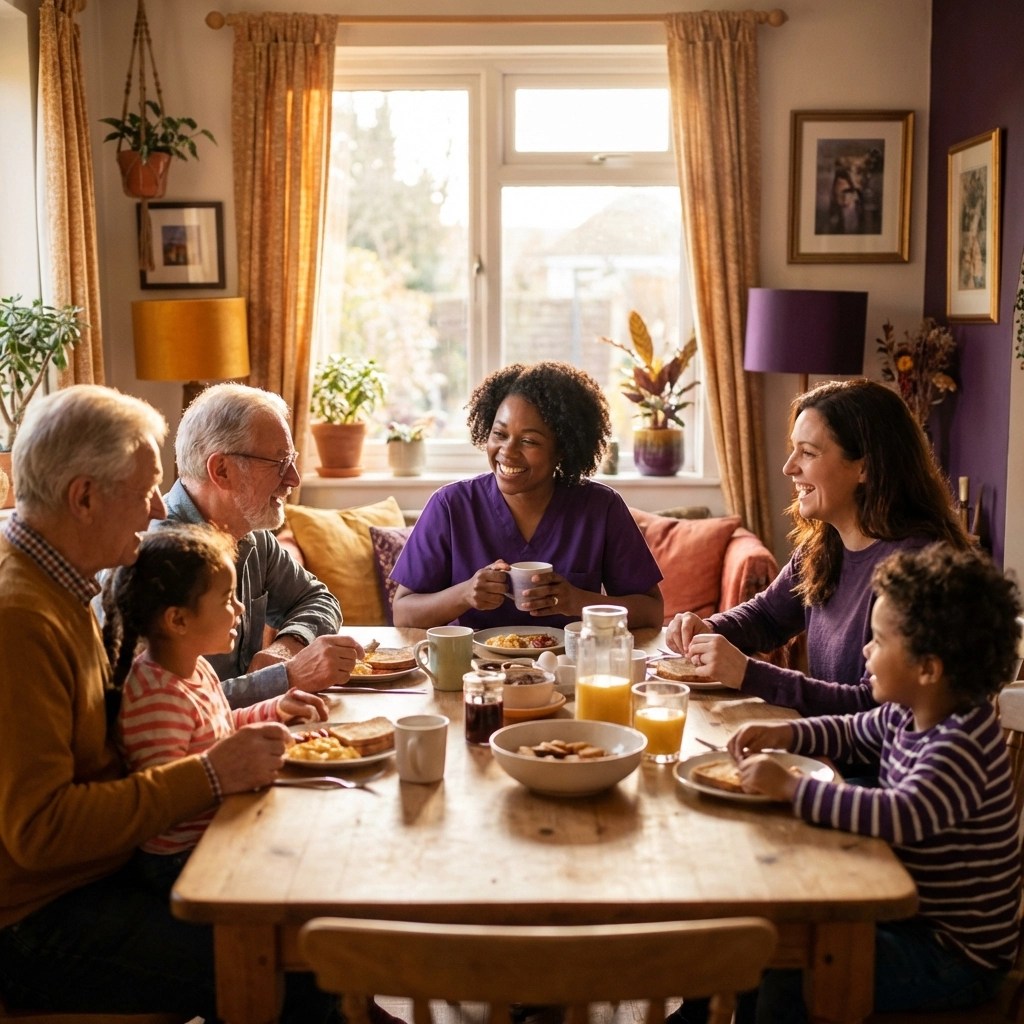 Diverse family sharing smiles with a friendly caregiver in a cozy home, showing trust and connection